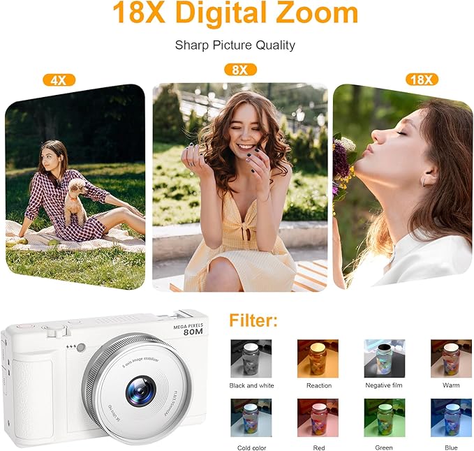 5K UHD Digital Camera for Photography, Autofocus 80MP Vlogging Camera for YouTube, 3" 270° Flip Screen Dual Lens Selfie Camera with18x Digital Zoom, 64GB SD Card, 2 Batteries & Charger,White