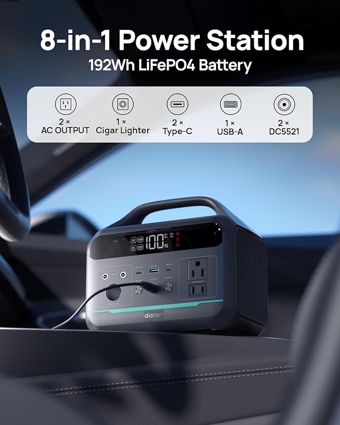 DARAN Portable Power Station 300W (600W Peak), 192Wh LiFePO4 Battery Solar Generator with 60W PD Fast Charge, 5.84lbs Lightweight Backup Battery for Outdoor Camping, CPAP, RV (Solar Panel Optional)