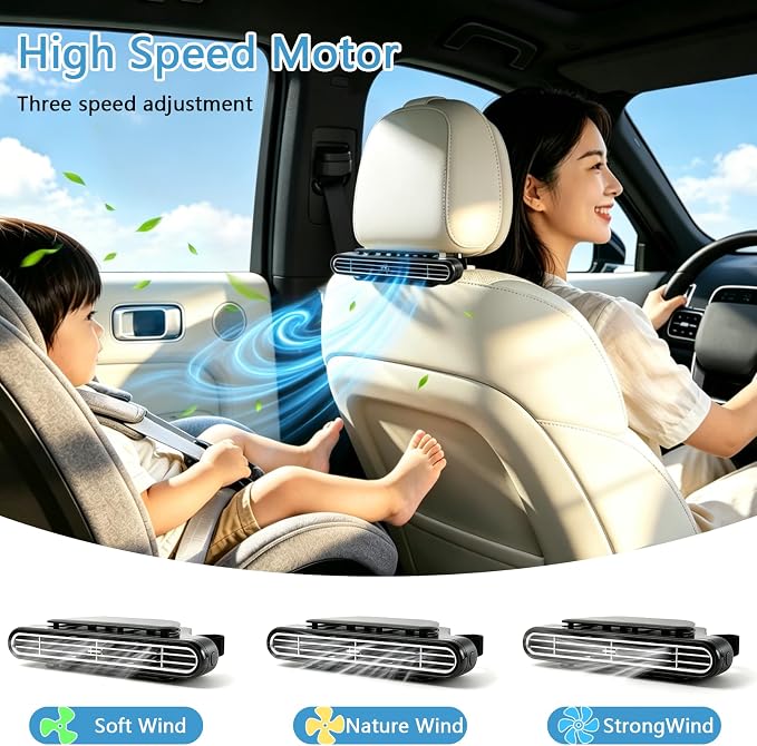 4PCS Car Seat Fan, Portable Car Fans for Backseat for Kids, USB Rechargeable Backseat Neck Cooling Air Conditioner Cooler Vent Clip on Fan with 3 Adjustable Wind Speeds Device for All Cars-Black