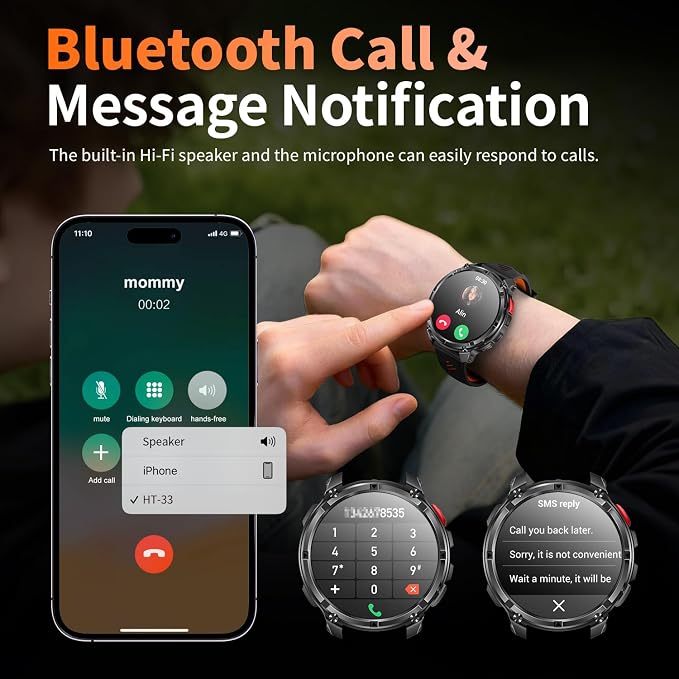 Military Smartwatch for Men with Compass & Flashlight, Rugged Smart Watch with Bluetooth Calling, Outdoor Fitness Tracker with Heart Rate Sleep Monitor, 100+ Sport Modes Waterproof for Android iPhone
