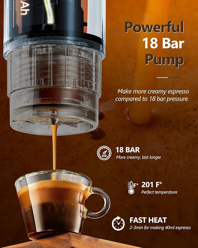 CONQUECO Self-Heating Portable Espresso Machine: Travel Coffee Maker with 13500mAh Battery - 12v Small Electric Fast Heating - Set for Ground Coffee & NS Capsule for RV, Car, Hiking, Office, Camping