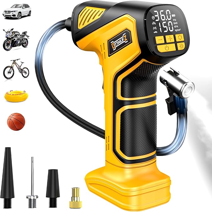 DIYtoolifz 150PSI Tire Inflator Portable Air Compressor: Cordless Air Pump Compatible with Dewalt 20V Battery - Car Tire Pump with Digital Pressure Gauge & LED Light for Auto, Motorcycles (Tool Only)