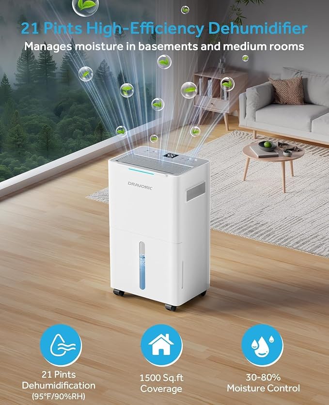 Dehumidifier for Basement, Laundry Room & Closet, Color Humidity Light, Continuous Drain Hose, 3 Modes, DRY Mode for Indoor Clothes, Auto Humidity Control (White, 1,500 Sq.Ft)