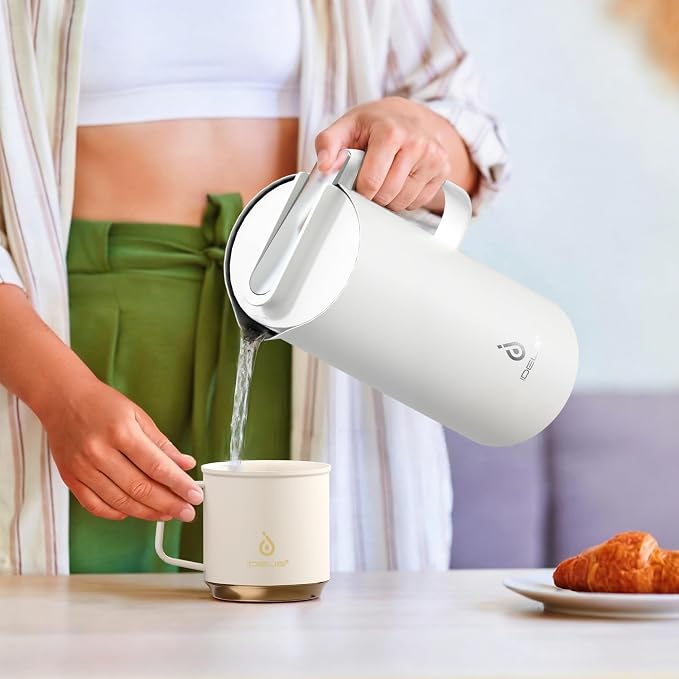 IDEUS Thermal Coffee Carafe 50oz (1,400ml), Stainless Steel Double Wall Insulated Vacuum Flask, Water Jug Coffee Server and Beverage Dispenser, Heat and Cold Retention, White