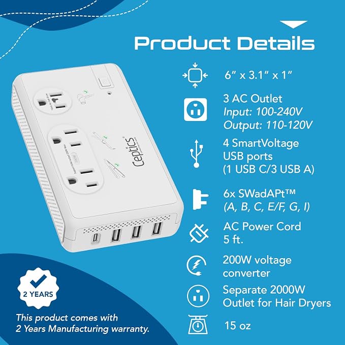 Ceptics 220V to 110V Travel Voltage Converter for Hair Dryer, 2000W & 200W outlets for Dryers, Curling Iron, Straightener, Chargers, Step Down, 4 USB Ports (1x USB-C) with 6 SWadApt attachments