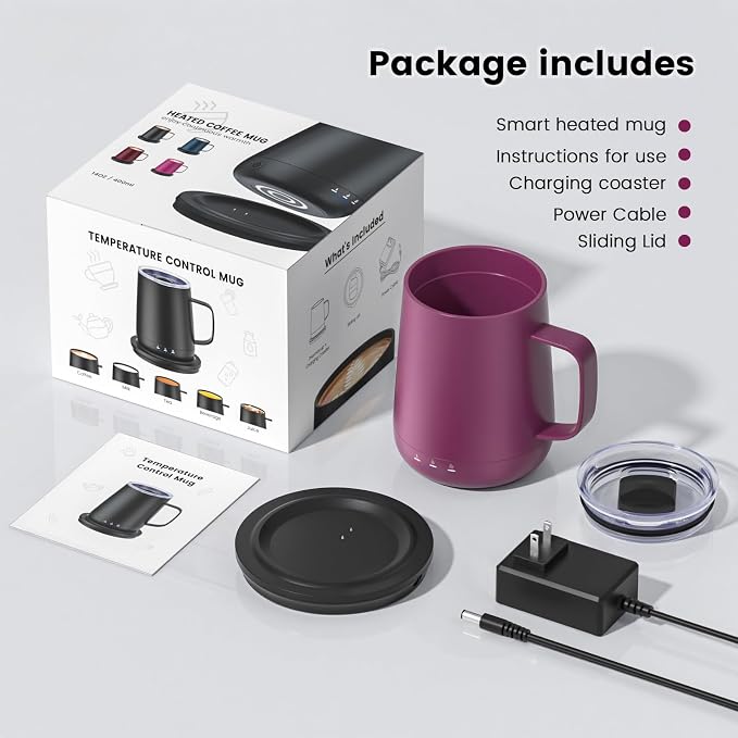 Smart Self Heating Coffee Mug,14oz Temperature Control Coffee Mug,Hot up to 150°F,Rechargeable Heated Coffee Mug,Up to 6H Battery Life,Coffee Cup Warmer,Great Gift for Coffee Lovers,Dad,Mom (Rose Red)