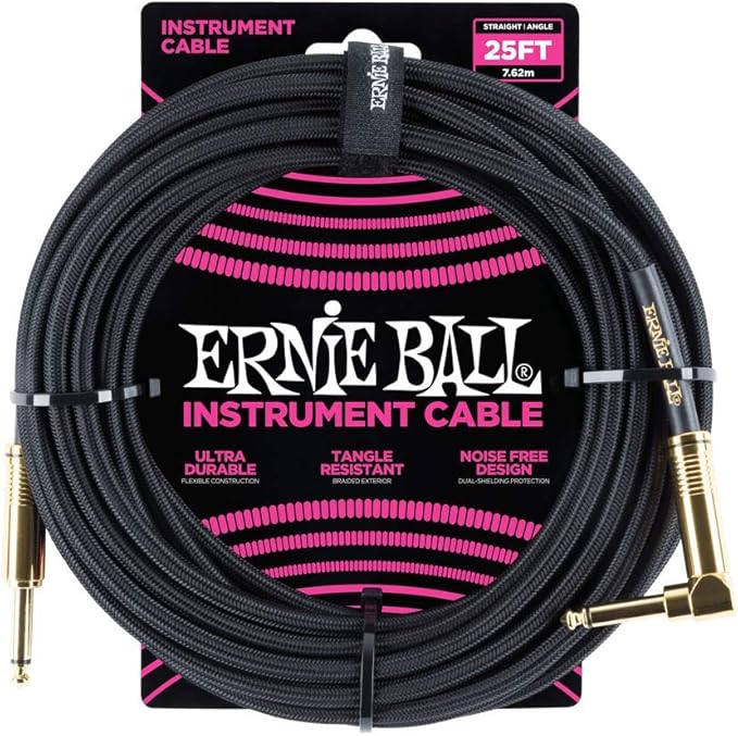 Ernie Ball Braided Instrument Cable, Straight/Angle, 25ft, Black (P06058)