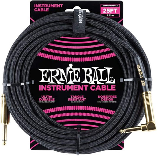 Ernie Ball Braided Instrument Cable, Straight/Angle, 25ft, Black (P06058)