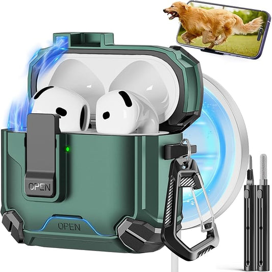 Pohgelan Compatible with AirPods 4 Case,Magnetic Automatic Lock with Phone Stand & Cleaning Kit,Compatible with Magsafe Cover -Green