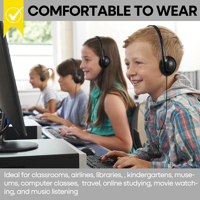Classroom Headphones Bulk 20 Pack for Kids School Student,Wholesale Durable Wired Earphones Class Set for Children Toddler Teens Boys Girls and Adult(GS857, Black)