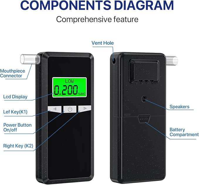 Breathalyzer,2026 Upgraded Alcohol Tester with Blue LCD Digital Display,Portable Alcohol Tester for Home or Party Use with 10 Mouthpieces