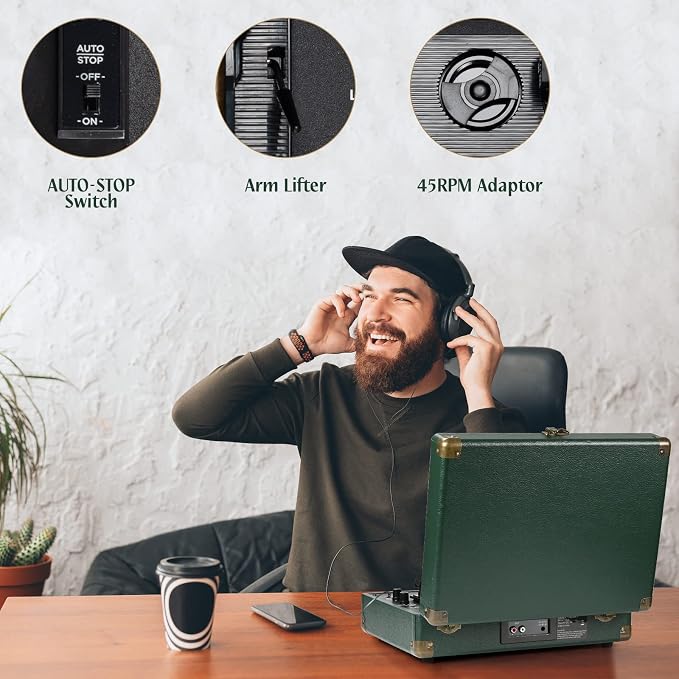 Vinyl Record Player 3-Speed Bluetooth Suitcase Portable Belt-Driven Record Player with Built-in Speakers RCA Line Out AUX in Headphone Jack Vintage Turntable Dark Green