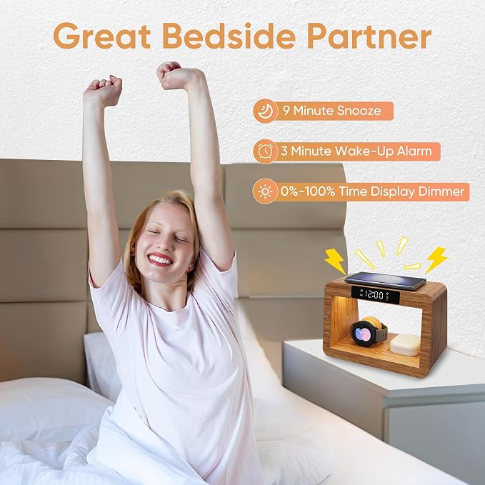 Bamboo Wireless Charging Station, 5 in 1 Charging Station with Light & Alarm Clock for Samsung & Android Phone, Wireless Phone Charger Station Only for Samsung Watch