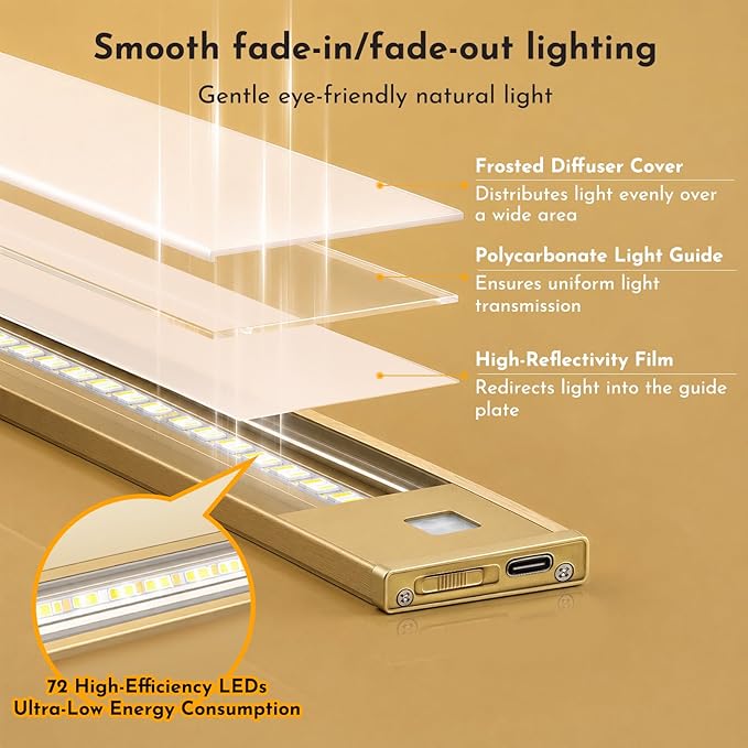 V4light Under Cabinet Light, Rechargeable Magnetic LED Bar with 1800mAh, Gold Aluminum Motion Sensor Lighting Indoor, Dimmable 3 Color Temperatures for Kitchen, Closet, Shelf & Stair (9 in)