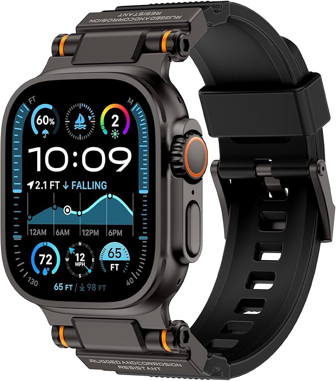 FOAMUNOC Rugged Band Compatible with Apple Watch Ultra 3/2/1 Band 49mm/46mm/45mm/44mm/42mm, Metal Connector with Silicone Strap for iWatch Ultra Series 11/10/9/8/7/6/SE3/SE2/SE/5/4/3/2/1, Black/Black
