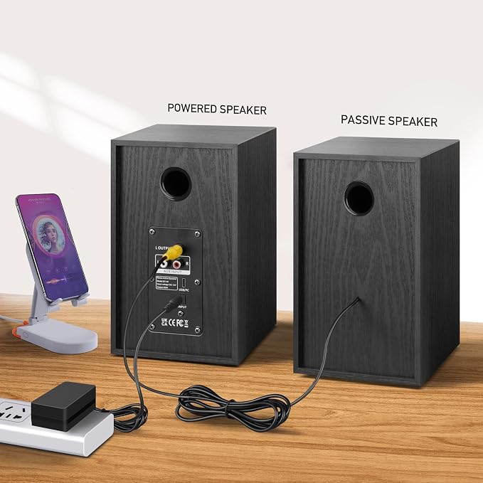 Elimavi Powered Bluetooth 5.3 Bookshelf Speakers - 60W Record Player Speakers with 4" Carbon Fiber Woofer & USB-C/RCA Input, Wooden Monitor Speakers for Turntables, PC, TV, Gaming, Black