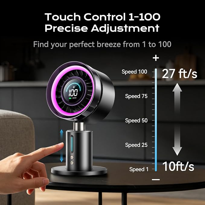 KIMMOO USB Rechargable Desk Fan, 2-in-1 Turbo Table Fan with 5-Color Light, 180° Oscillating,100 Speeds, 6000mAh Battery, LED Display, Quiet Portable Desktop Fan for Bedroom/Office/Dorm/Home (Black)