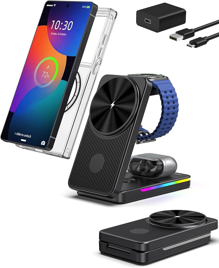 Magnetic Wireless Charger for Samsung Galaxy S26 Ultra, 3 in 1 Wireless Charging Station for Samsung Watch 8, Travel Foldable Charger Stand for Android S25 Ultra/Z Fold/Z Flip 7, Buds 4 Pro