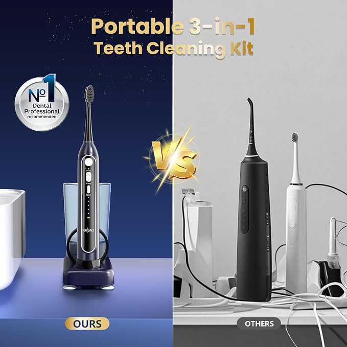 Electric Toothbrush with Water Flosser, Upgraded 2.0 Flossing Toothbrush with 5 Speeds & 3 Modes, 30 Days/Charge, for Teeth Cleaning and Plaque Removal, Sensitive Teeth & Dental Implants-Dark Blue