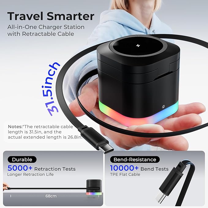 5 in 1 Magnetic Wireless Charger Stand with Night Light, Foldable Wireless Charging Station Built-in Retractable Cable, Fast Wireless Charger for iPhone 17/16/15/14/13/12, Apple Watch, AirPods Pro 3