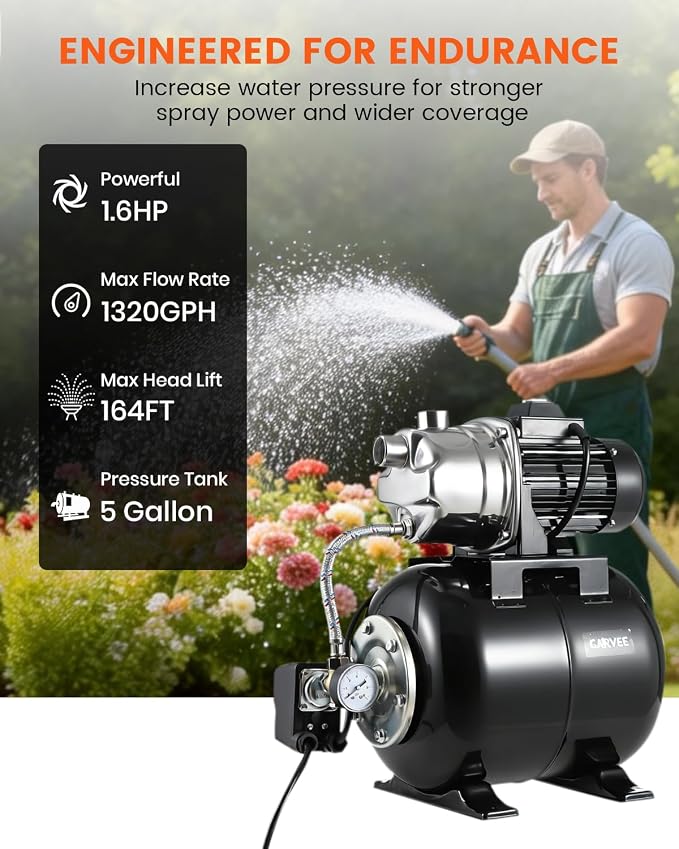 Powerful 1.6HP Shallow Well Pump with Pressure Tank, 1320GPH High Flow, 164ft Max Head, Stainless Steel Construction, Auto Pressure Switch - Ideal for Home/Farm/Garden/Yard Water Supply (Black)