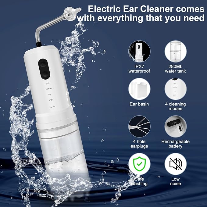 Ear Wax Removal, Electric Ear Irrigation Flushing System, Water Powered Ear Cleaner with 4 Pressure Modes, 6 Reusable Replacement Tips, Safe and Effective Ear Cleaning Tool for Adults (White)