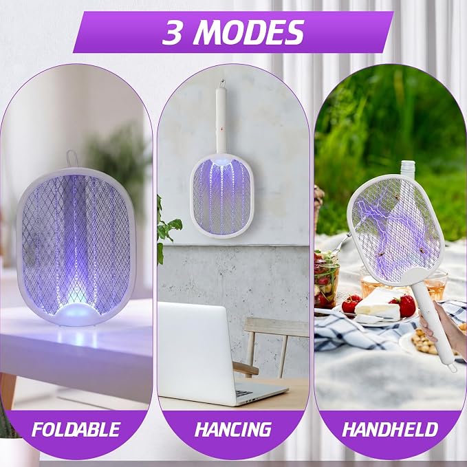 4 Pcs Foldable Electric Fly Swatter 2 in 1 Mosquito Swatter 1200mah Battery Rechargeable Bug Zapper Racket USB Handheld with 3 Layer Safety Mesh for Camping Backyard Patio Travel Home Office