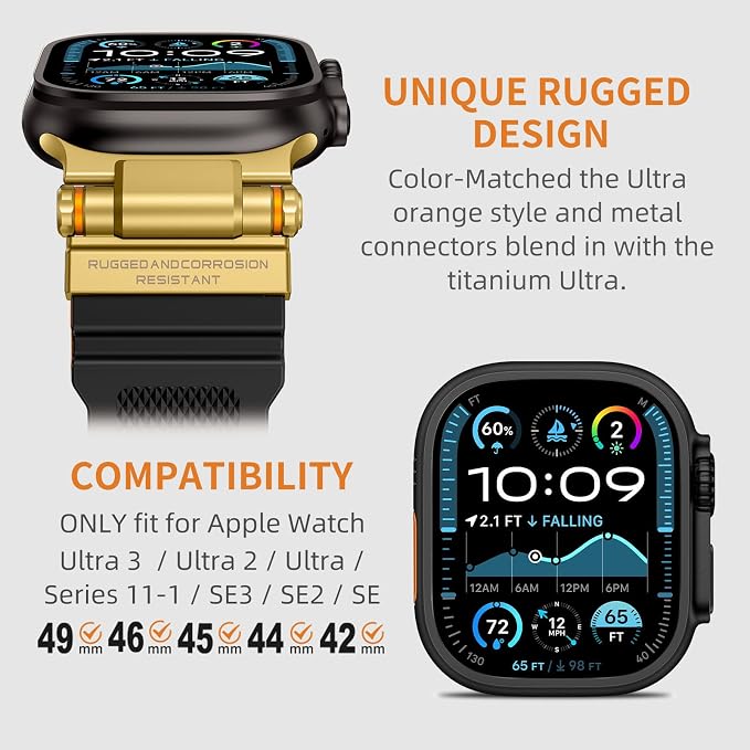 FOAMUNOC Rugged Band Compatible with Apple Watch Ultra 3/2/1 Band 49mm/46mm/45mm/44mm/42mm, Metal Connector with Silicone Strap for iWatch Ultra Series 11/10/9/8/7/6/SE3/SE2/SE/5/4/3/2/1, Gold Black