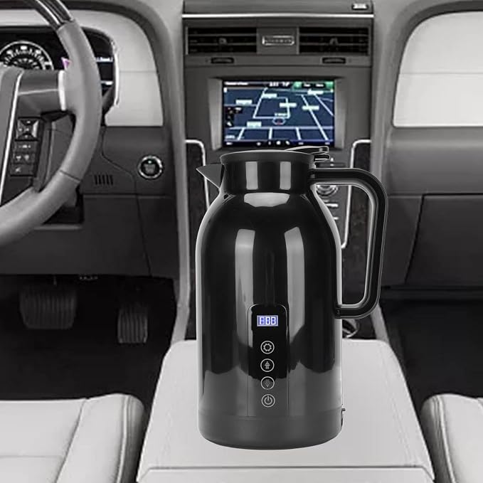 Car Kettle, 1300ml Stainless Steel Leak Proof Travel Electric Hot Water Boiler with LCD Display for Drivers Business Travelers, 12V 24V