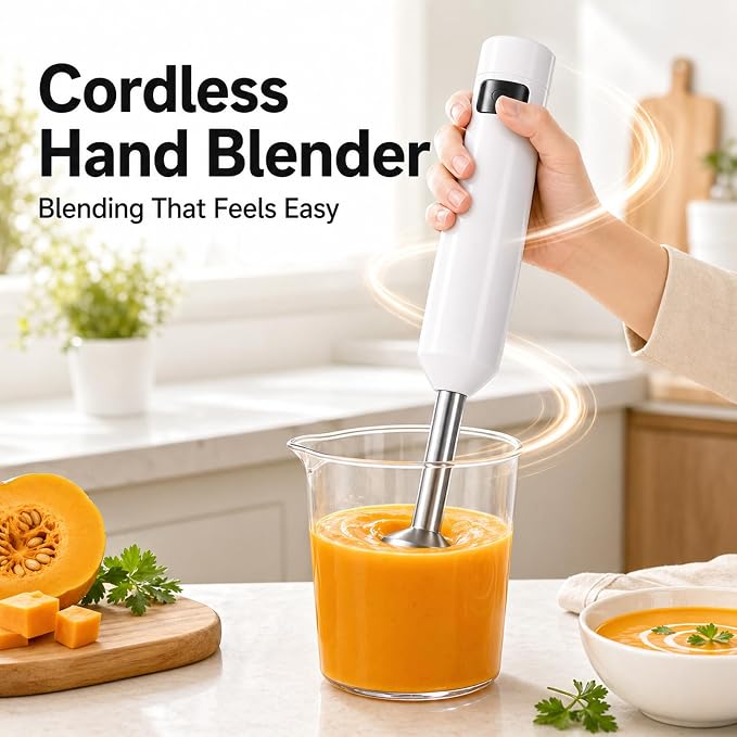 Cordless Immersion Hand Blender (Stick Blender) – Smooth, Controlled Blending for Everyday Cooking, 12V Brushless Motor, Pressure-Sensitive Variable Speed, USB-C Rechargeable, Easy-Clean (White)