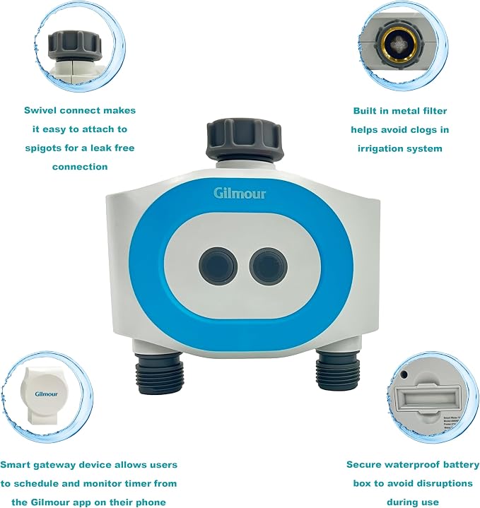 Gilmour Dual Outlet Smart Water Timer, WiFi Automatic Watering System, Rain Delay, Battery Operated, 2 Zone