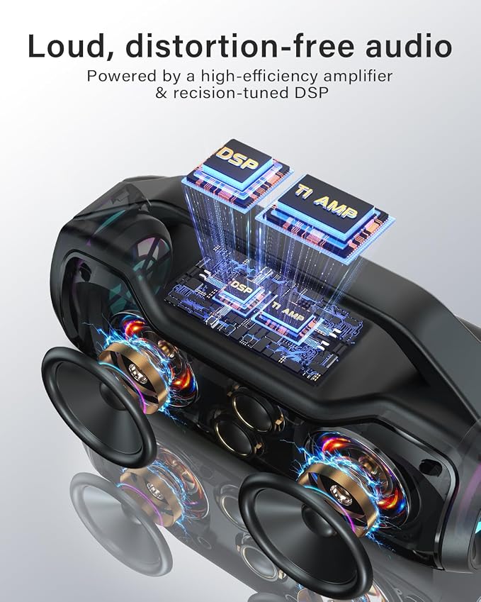 Portable Bluetooth Speaker Bass Boost, 120W Peak Loud Powerful Speakers Wireless w/2*Bass and 2*tweeters, 20H Playtime,IPX6 Waterproof, BT5.4, Suitable for Party, Beach, Camping,Outdoor,Large Jobsite