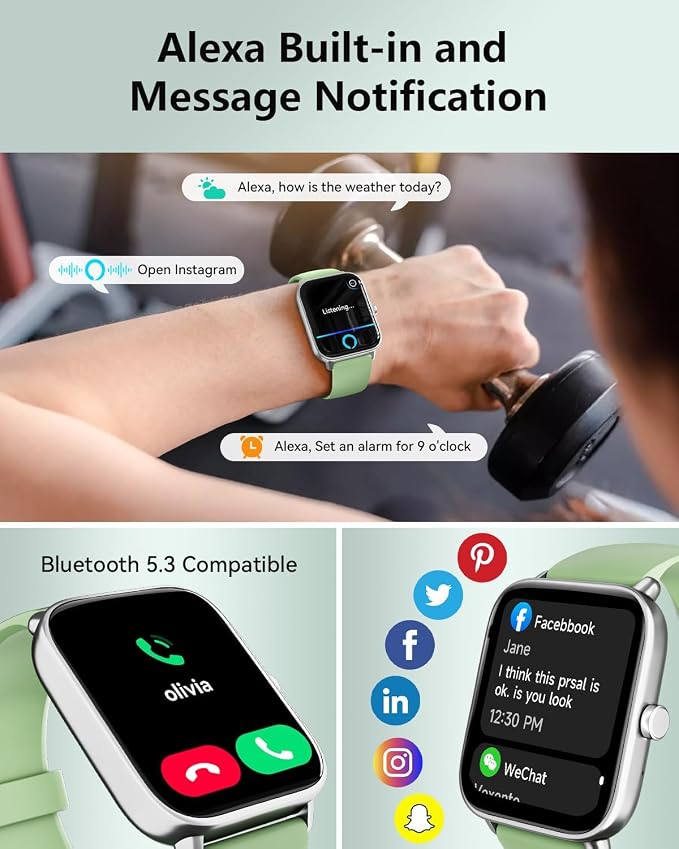 Quican Smart Watch for Women/Men, Compatible for Android Phones and iPhone | Alexa Built-in, 1.8" Fitness Tracker Watches for Women, IP68 Waterproof /Bluetooth Call, Heart Rate/Sleep Monitor, Green