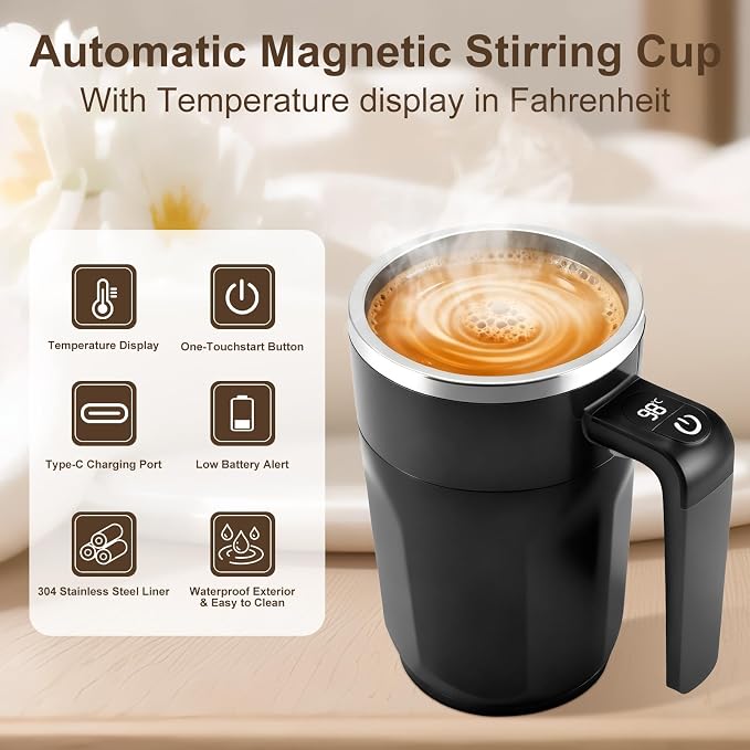 Temperature Display Self Stirring Coffee Mug, Rechargeable Stirring Mug, Automatic Self Stirring Cup with Lid, For Coffee, Milk and Other Beverages, Black