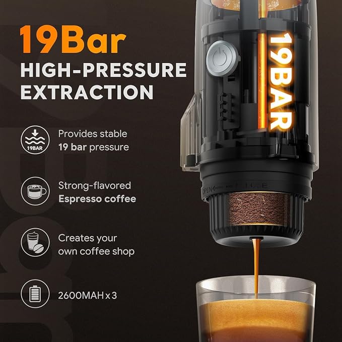 RECAFIMIL Portable Electric Espresso Machine, 3-in-1 Self-Heating Coffee Maker for Travel & Camping, 19 Bar Pressure, Compatible with Ground Coffee & NE-SPRESSO/Do-lce Guto Pods, Space Grey