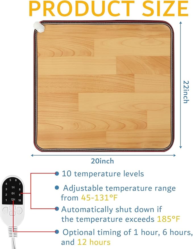 QOUBAI PVC 110V Heated Floor Mat Heater for Foot Warmer Under Desk 22 x 20 Inch Electric Heating Pad Energy Saving Carpet Pad Indoor Floor Heated Rug for Home Office Bathroom House Brown
