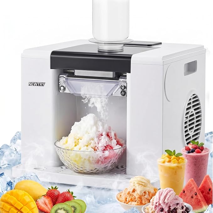 NEWTRY Snowflake Ice Machine 280W Shaved Ice Machine Automatic Snow Cone Maker Air Cooling Efficient Ice Crushing for Party Bar Home 110V (White)