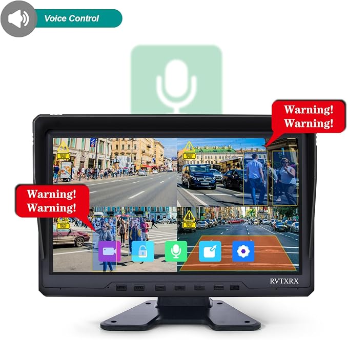 10.1 Inch 1080P AHD Quad Split Touch Screen Truck Monitor System with 4 IP69K Night Vision Cameras, BSD Pedestrian & Vehicle Alert, Loop Recording, for RV, Bus, Trailer, Forklift, Truck