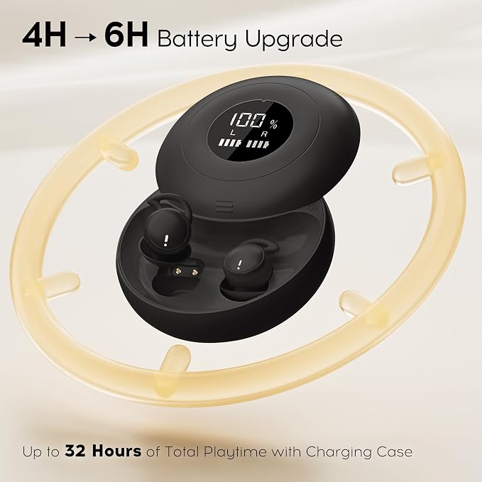 Sleep Earbuds Bluetooth 6.0, Mini Invisible Silicone Sleep Earbuds for Side Sleepers, Noise Blocking Sleeping Headphones, Hidden Earbuds with LED Display for Small Ears, Sleep & Relax - Black