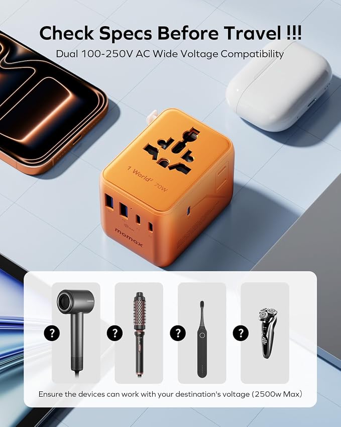 MOMAX Mini 7-in-1 Universal Travel Adapter, GaN 70W Dual AC, 3 USB-C PD & 2 USB-A QC, International Power Charger for 200+ Countries – Compact Travel Adapter for Laptop, Phone, UK/AUS/EU/JP Plug