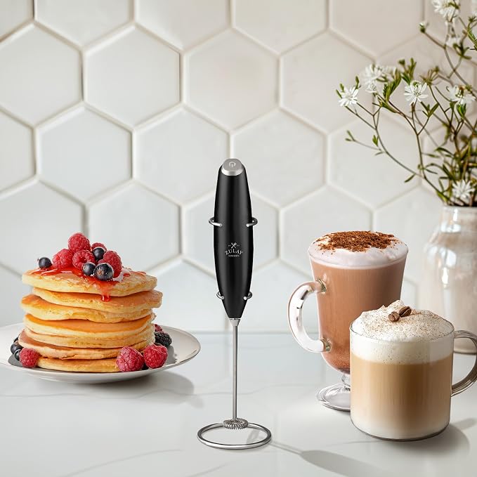 Zulay Kitchen Powerful Milk Frother Wand With Duracell Batteries - Ultra Fast Handheld Drink Mixer - Electric Whisk Foam Maker for Coffee, Lattes, Cappuccino & Matcha - Z1 Motor - Metallic Black