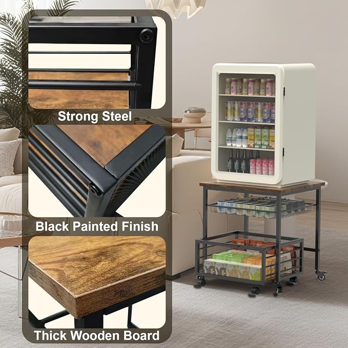 Mini Fridge Stand with Storage, 260LBS Heavy Duty Compact Refrigerator Shelf, 19.7 * 19.7" Movable Mini Fridge Table, Coffee Bar with Lockable Wheels for Kitchen, Home, Office or Dorm