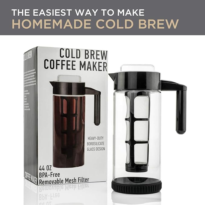 Willow & Everett Cold Brew Coffee & Iced-Tea Maker Pitcher, 1.3 L Glass Dispenser Metal & Plastic Lid Mesh Filter Iced Coffee & Sun Tea Brewing System