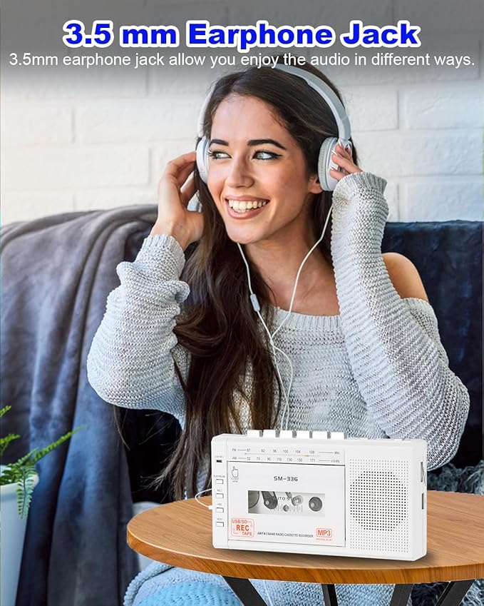 Portable Cassette Tape Player to Digital Converter via USB/SD Card, Record to Cassette/U Disk/SD Card via Mic, Power by AC or AA Battery, Portable Cassette Recorder with Speaker and Headphone Jack