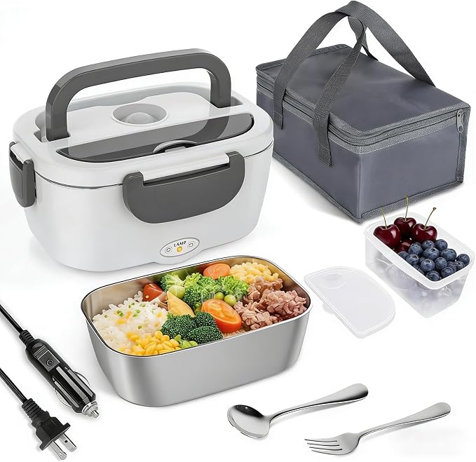 Electric Lunch Box for Adults 80W Heated Lunch Box for Adults Portable Food Warmer 12V 24V 110V 220V Food Heater Lunchbox 1.5L Stainless Steel Lonchera Eléctrica Portátil for Car Truck Work Driver