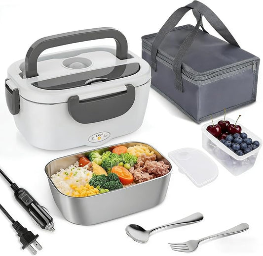Electric Lunch Box for Adults 80W Heated Lunch Box for Adults Portable Food Warmer 12V 24V 110V 220V Food Heater Lunchbox 1.5L Stainless Steel Lonchera Eléctrica Portátil for Car Truck Work Driver
