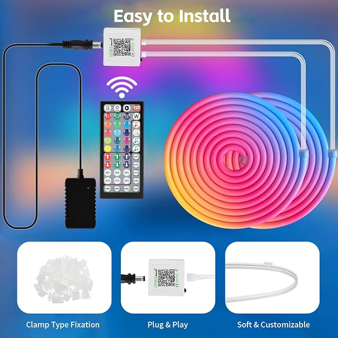100FT RGB LED Neon Rope Lights, App & Remote Control, Flexible Waterproof IP65 Led Strip Lights, Music Sync Color Changing Multiple Modes Neon Lights for Bedroom Gaming Room Indoor & Outdoor Decor
