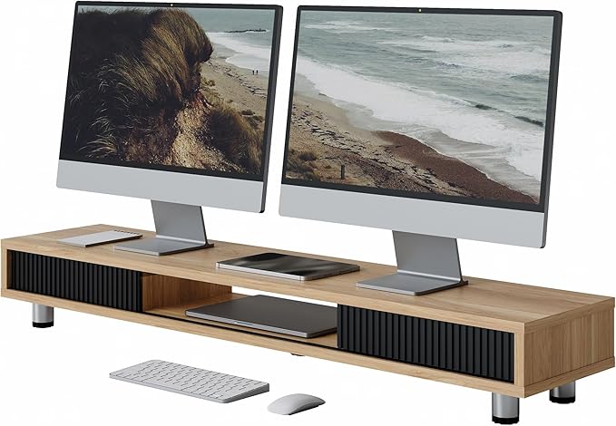 Fenge Dual Monitor Stand, 42.5inch Long Monitor Stands Riser for 2 Monitors, Glass Sliding Door with Storage Organizer Stand for Desk, 2 Tier Desk Shelf for Laptop, Pc, Printer, Computer, TV