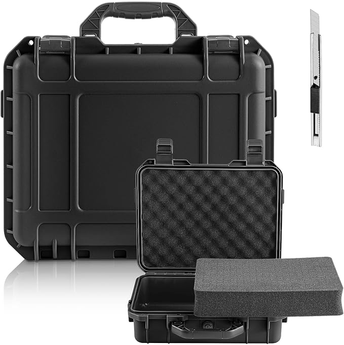 Relaxweex 1 Pcs Waterproof Hard Case with DIY Customizable Foam Insert Portable Protective Case with Knife for Camera Drones Equipments Tools Test Instruments(Black,16.3 x 12.4 x 6.5 Inch)
