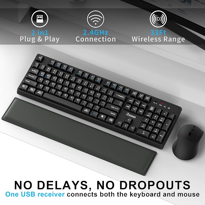 Wireless Keyboard and Mouse Combo,2.4G Full Size Wave Keys Ergonomic Keyboard with Wrist Rest for Natural Typing, 3 DPI Adjustable Ergonomic Mouse for Computer/Laptop/Windows/Mac (Black Graphite)